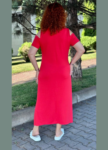 Красное платье вискоза с короткими открытыми рукавами, длинное с разрезами и принтом No Brand