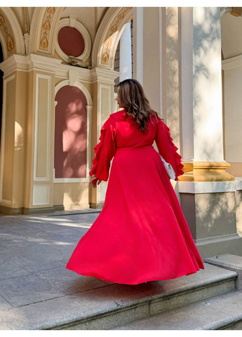 Червона святковий, коктейльна, вечірня довга сукня з воланами а-силует Україна однотонна