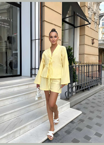 Женский летний льняной черный костюм на завязках с шортами лен лето желтый лимонный No Brand (333143190)