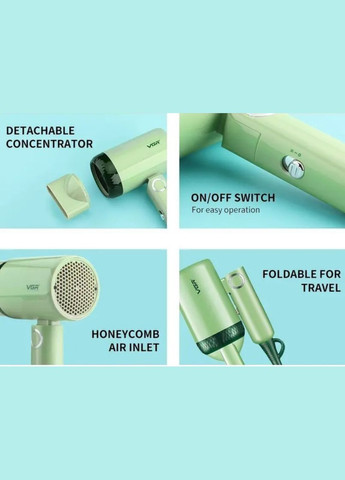 Портативный фен складной с насадкой-концентратором для 1200 Вт зелёный (2390000048) VGR V-421 (345562780)