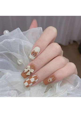 Накладные ногти с клеем и пилой 24 шт, набор накладных ногтей квадратной формы с 3D бантом, милым медвежонком и клетчатым узором. No Brand (370290284)