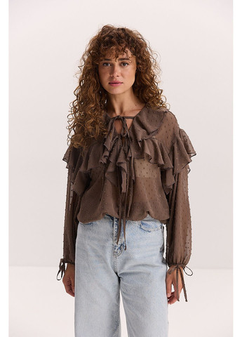 Коричнева шифонова блуза з відкладним коміром і рюшами шоколадна в крапки Arjen
