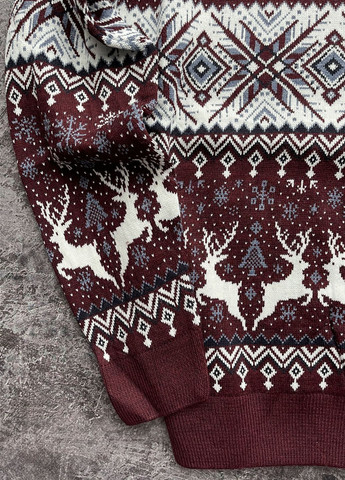 Бордовий зимовий чоловічий новорічний светр з оленями "ornament" бордовий, під шию джемпер No Brand