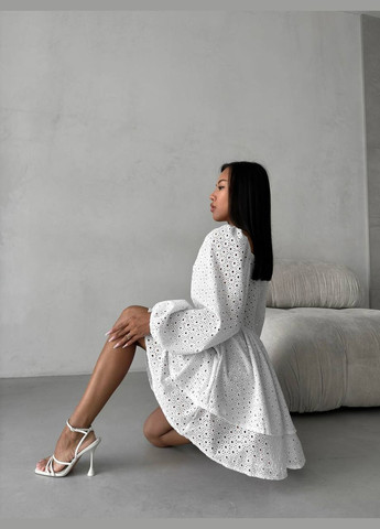 Білий елегантна біла сукня з прошви з довгим рукавом і відкритим декольте, розкішна сукня з подвійною кулею тканини на грудях No Brand однотонна