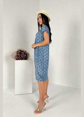Синя повсякденний, кежуал практична і зручна літня сукня довжини міді зі штапелю сукня-футболка INNOE з геометричним візерунком