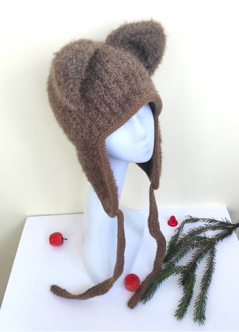 Зимова В'язана Жіноча Шапка Вушками Коричнева Теплий та Стильний Капор на Зав’язках No Brand зимова шапка з вушками (357225904)