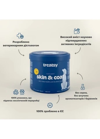 Вітамінний комплекс для вовни та шкіри собак Skin & Coat 180 г 60 шт Treatsy (388152183)