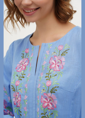 Голубое льняное макси платье-вышиванка праздничное под пояс с цветами и карманами мальованка. серый, р.56, код 0434/56/133 ГАЛЕРЕЯ ЛЬОНУ