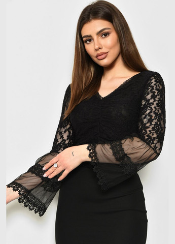 Черная демисезонная блуза женская гипюровая однотонная черного цвета с баской Let's Shop