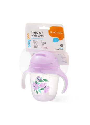 Поилка-непроливайка с отягощенной соломкой и герметичной крышкой Цветочки, 6+, 240 мл () BabyOno 1464/05 (369111552)