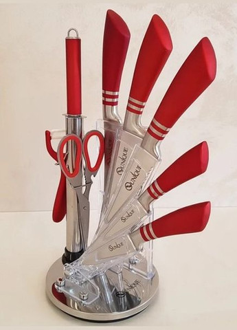 Набір кухонних ножів на 9 предметів з ножицями та овочечисткою червоний (2075750404) Unique UN-1832 червоний, пластик, нержавіюча сталь