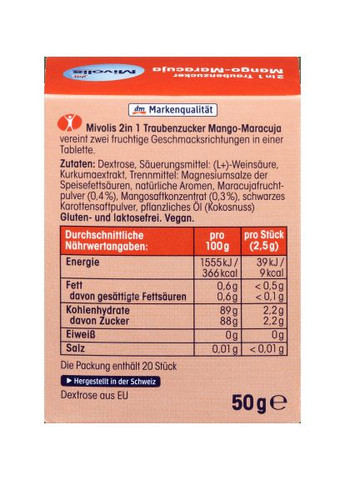 Декстроза Цукерки з виноградним цукром, манго-маракуйя Traubenzucker 2in1, Mango-Maracuja, 50 g Mivolis (366569420)