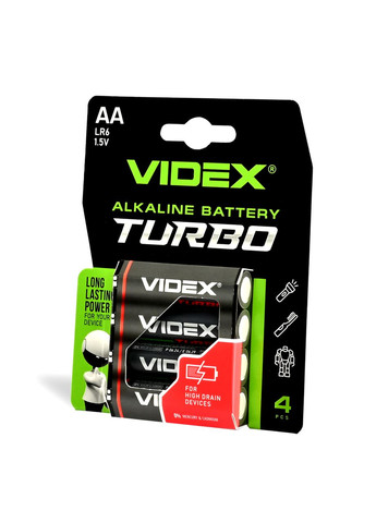 Батарейки щелочные для мощных устройств Alkaline LR6/AA Turbo блистер 4 штуки Videx (361067278)