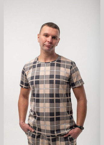 Комбинированная мужская футболка бежевая в принт с коротким рукавом V.O.G.