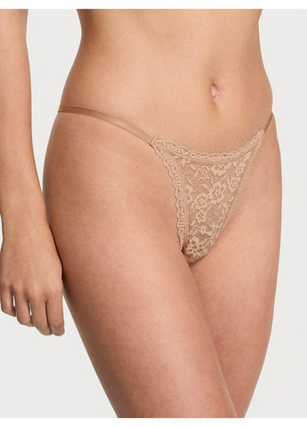 Трусики-стрінги жіночі мереживні Lace String Thong Panty бежеві Victoria's Secret (348416661)