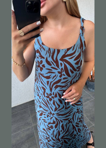 Голубое платье штапель в коллажах,длина макси,бретельки завязками No Brand