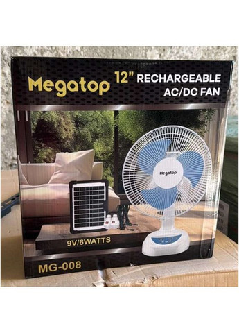 Вентилятор акумуляторний з функцією автообертання з сонячною панеллю і 2 LED лампами Megatop (MG008) White No Brand (350349044)