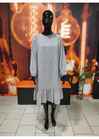 Серое платье шифон длинный рукав принт цветы 46 черное Tell