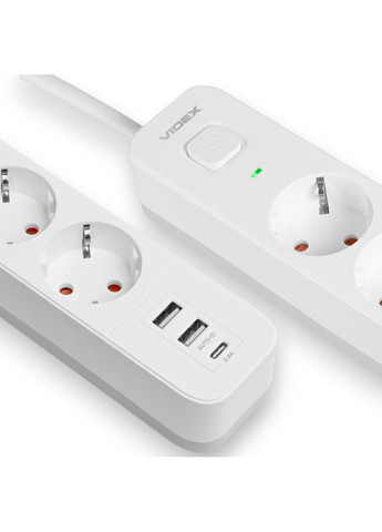 Сетевой удлинитель 3 м 3 гнезда с 2USB+USBC заземлением и кнопкой VF-PD33G2U1C-W Videx (282312809)