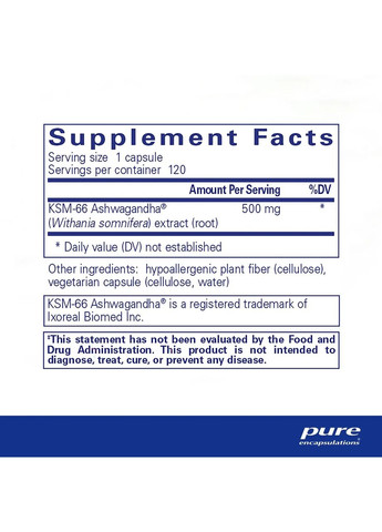 Ашваганда (Ashwagandha) 120 капсул Pure Encapsulations (361118992)