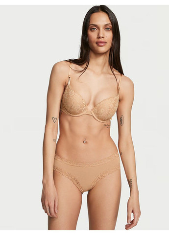 Трусики-чіки жіночі бавовняі з мереживом Lace-Waist Cotton Cheeky Panty бежеві XL Victoria's Secret (316659492)