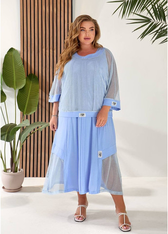 Голубое праздничный, повседневный, кэжуал женское платье двойка сеткой Style Point однотонное