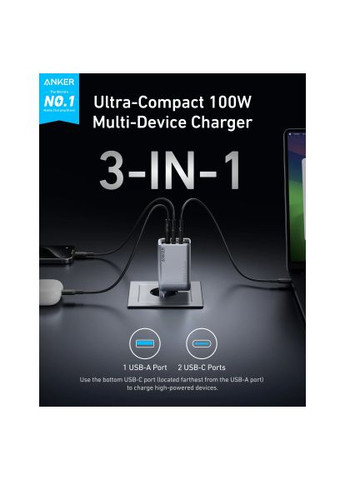 Зарядний пристрій (A2688341) Anker GaNPrime 100W 2xUSB-C PD + 1xUSB-A Foldable Silver (370017627)