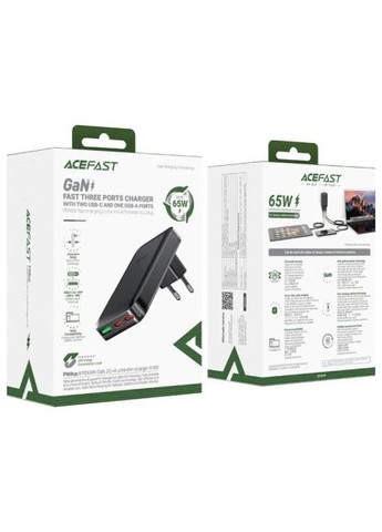 Зарядний пристрій 3xUSB 65W (2xUSB-C+USB-A) Gan A100 Fast Charger Ultra thin black (6974316283492) Acefast 3xUSB 65W (2xUSB-C+USB-A) Gan A100 Fast Charger Ul (370021089)