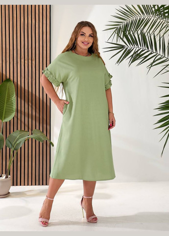 Оливкова повсякденний лляна сукня вільного крою з перехрестям на спинці MonCher