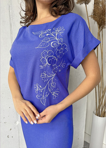 Синее повседневный, кэжуал, джинсовое, вечернее яркое летнее льняное платье длины макси с цветочной вышивкой INNOE однотонное