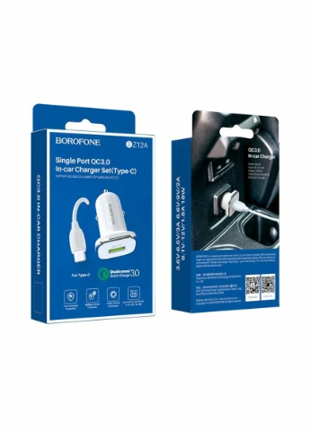 Автомобільний зарядний пристрій BZ12A single port QC3.0 with TypeC cable 18W White Borofone (301939031)