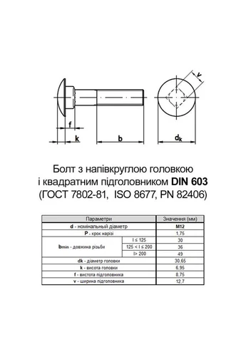 DIN603 М12х45 8.8 Болт полукруглая головка, квадратный подголовник цинк частичная резьба L30 (50шт.) [5V2880005V28X24520] Metalvis (399545490)