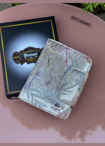 Гаманець жіночий Туреччина зʼємний картхолдер натуральна лазерна шкіра беж зі срібним і квітковим принтом Desisan (341322635)