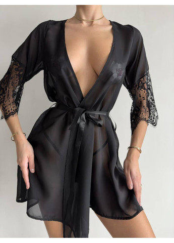 Халат прозорий із мереживом і трусиками. Халат жіночий короткий чорного кольору з поясом і комплектом трусиків. No Brand (366571584)