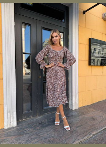 Кофейное универсальное платье меди кофейного цвета 33767 а-силуэт Fashion с цветочным принтом