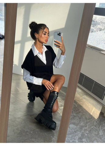 Чорно-білий демісезонний жіночий комплект: сорочка з коміром + в’язаний жилет-сукня Україна