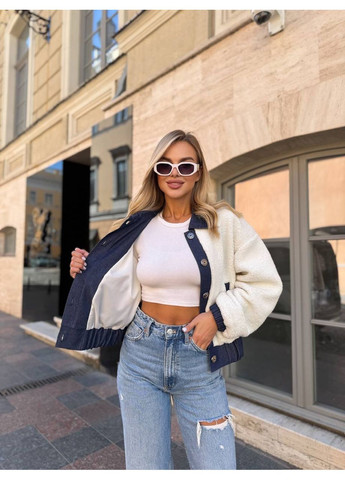 Молочная демисезонная женская демисезонная куртка из меха тедди и джинса MonCher