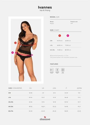 Чорний демісезонний напівпрозорий набір з прикрасами ivannes top & thong 2xl/3xl,, топ та танга Obsessive