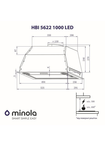 Витяжка HBI 5622 BLF 1000 LED (повновбудована) MINOLA (361851889)
