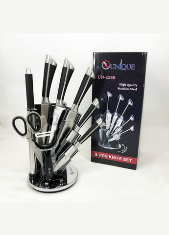 Набор кухонных ножей с ножницами и подставкой UN-1838 нержавеющая сталь Unique чёрные,