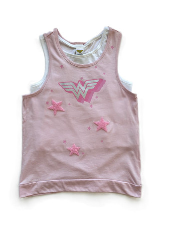 Розовый летний комплект костюм для девочки тройка футболка розовая + майка белая + шорты серые /wonder woman 2000-49 (140 см) OVS