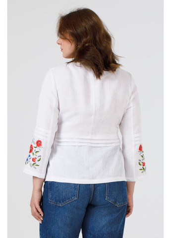 Біла жіноча блуза-вишиванка з льону на ґудзиках з мереживом та квітами plus size текля., р., код 9484/66/101 ГАЛЕРЕЯ ЛЬОНУ