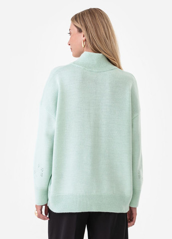 Мятный женский свободный свитер с ажурным вязанным узором. SVTR