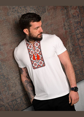 Белая мужская вышиванка белая с красным орнаментом вышивка узор орнамент кулир (340458246)