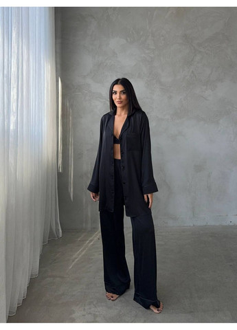 Чорна всесезон розкішна сатинова піжама трійка сорочка + топ + брюки Vakko