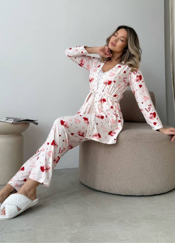 Комбинированный демисезонный изысканный домашний комплект тройка с сердечками: халатик с поясом+майка+штаны Tik-Tak