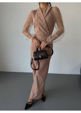 Комбінезон жіночий елегантний Style Point комбінезон-брюки однотонний бежевий святковий, діловий, кежуал креп-дайвінг