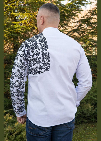 Белая мужская белая вышиванка-рубашка «элегантность контраста» льняная с вышивкой на одну сторону с длинным рукавом узор цветочный приталенная, свободная, прямой лен (321967585)