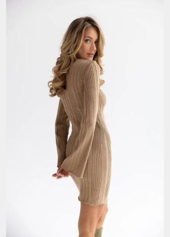 Светло-коричневое кэжуал платье мини трикотажное в рубчик one size CHICLY однотонное