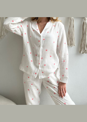 Бордовая женская пижама (рубашка+штаны) муслин белая сердца розовые m210p Cosy